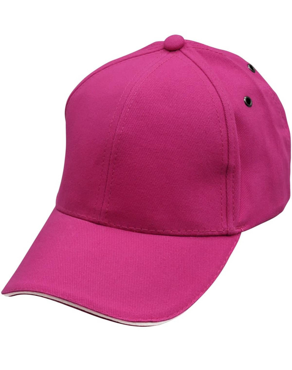 A pink cap with a curved brim and ventilation holes, featuring a logo on the side.
