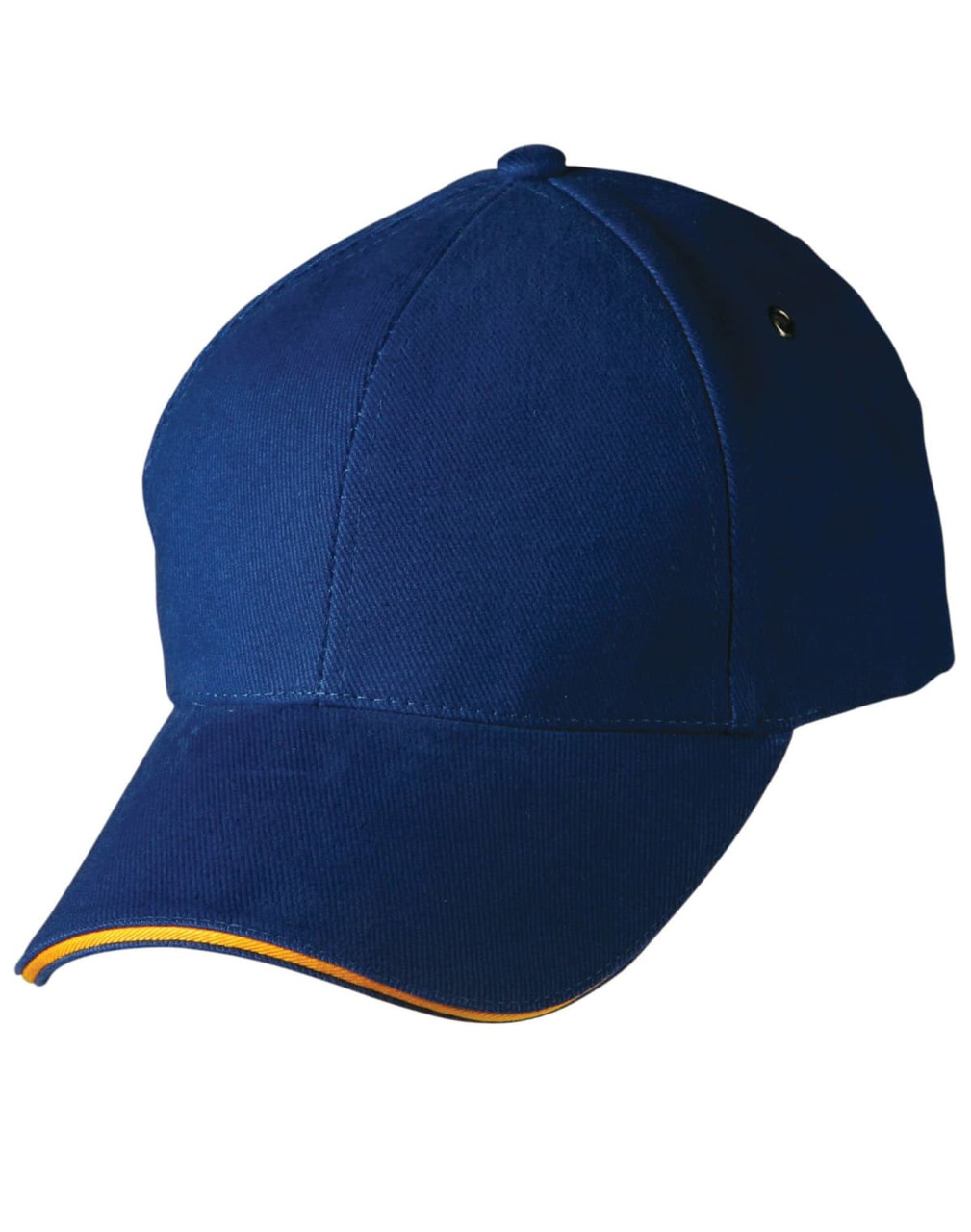 A navy blue cap with a curved visor and a contrasting yellow trim, featuring a logo on the side.