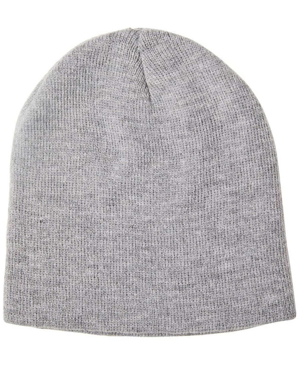 Acrylic knitted marl beanie in a light grey colour, featuring a simple, unadorned design.