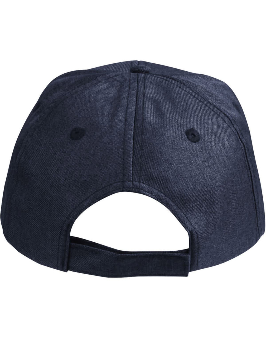 A dark navy cap with a curved peak, revealing an adjustable strap at the back and ventilation holes.