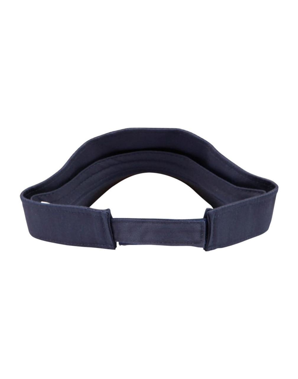 A navy blue sandwich visor with a curved brim and adjustable band. It has a logo on the side.