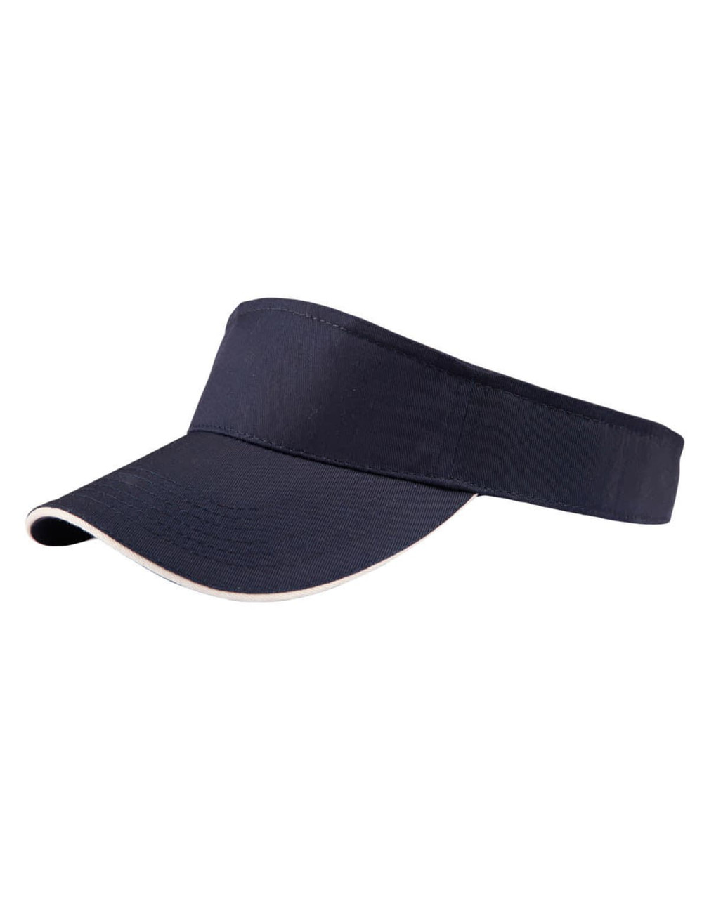 A navy twill visor with a wide brim and a contrasting trim, featuring a logo on the front.
