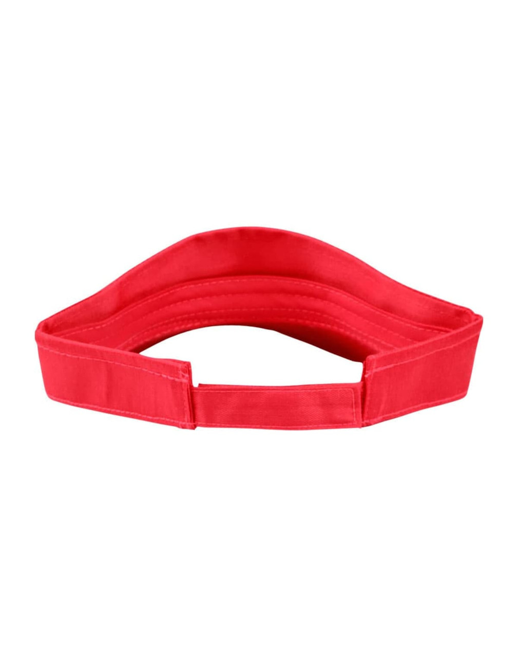 A red visor with a wide band and adjustable strap, featuring a logo on the side.