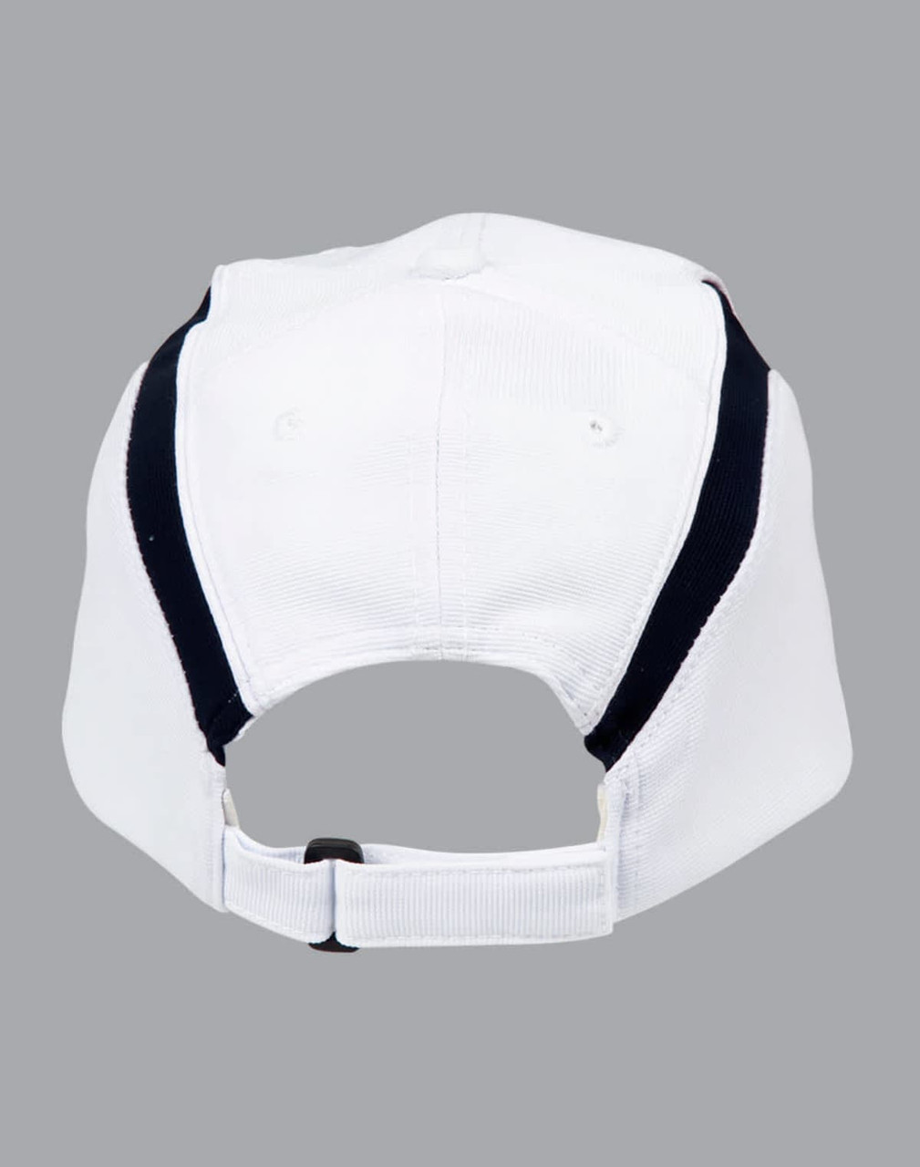 A white cap with navy accents at the back, featuring an adjustable strap and branding.