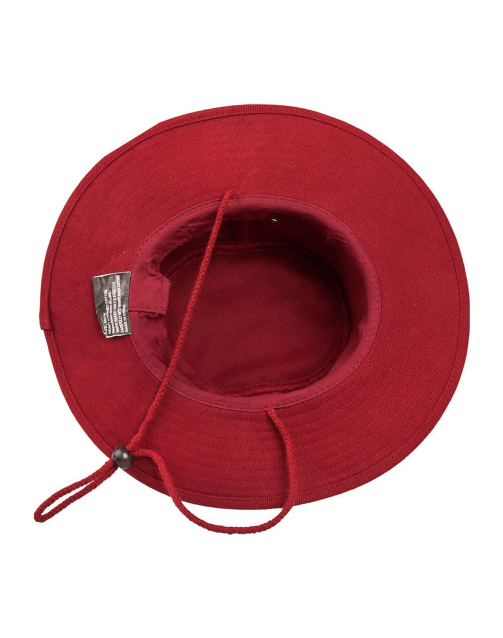 A red bucket hat with a wide brim and an internal chin strap. It has a label inside and features a logo.