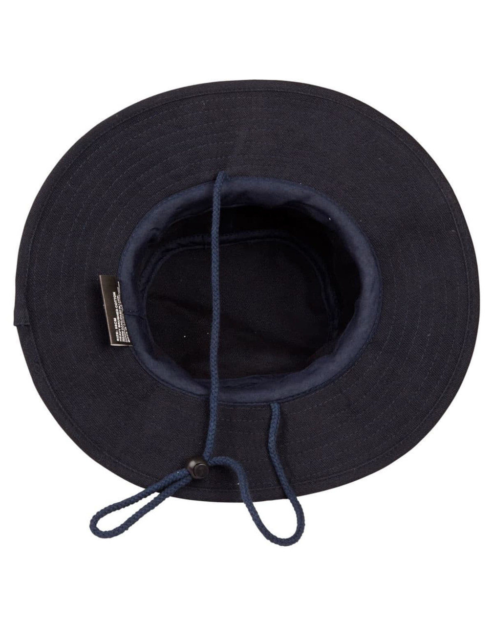 A navy blue brim and bucket hat with a drawstring, featuring an inner lining and a logo.