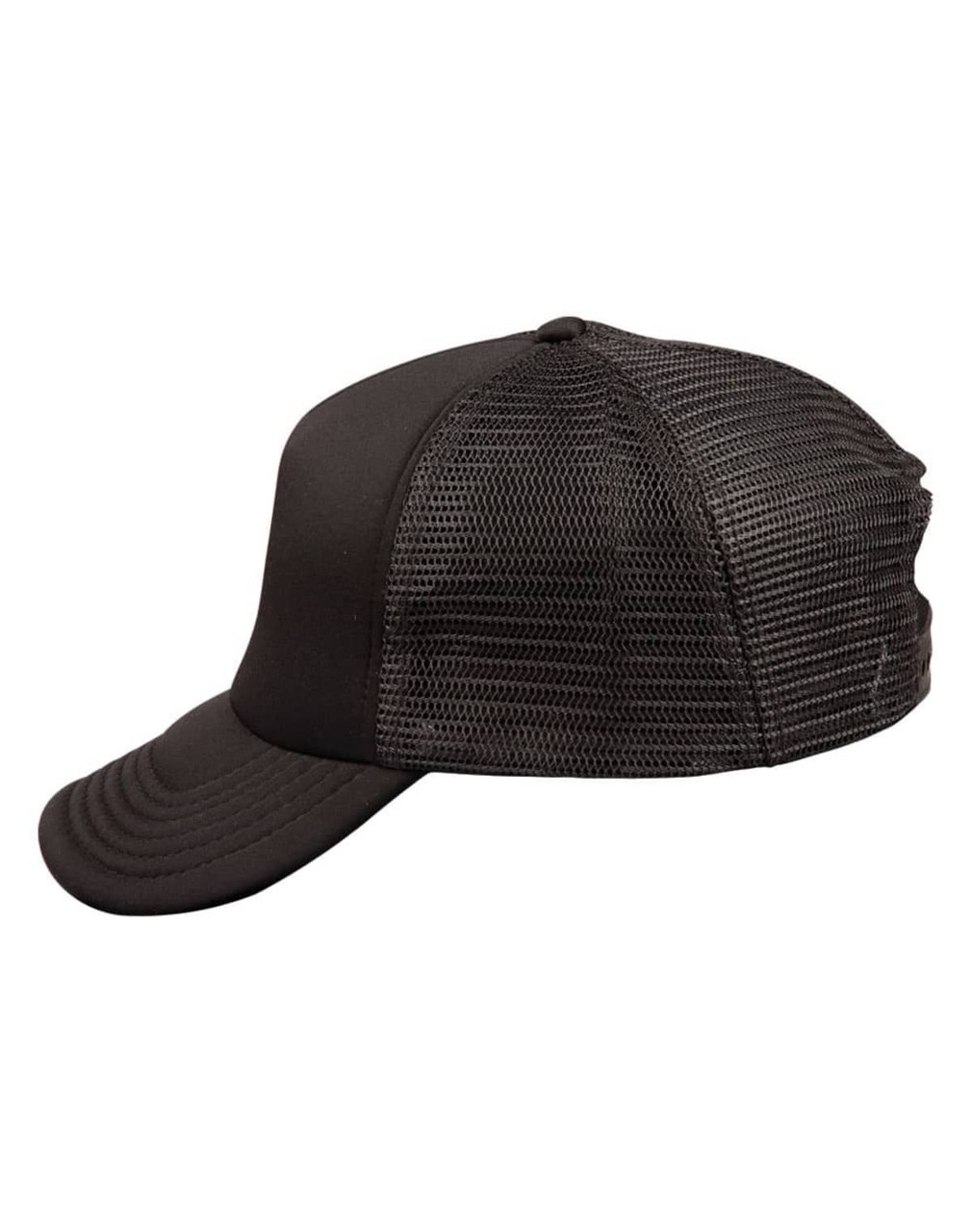 A black trucker cap featuring a solid front and mesh back, with a curved brim and a logo on the side.