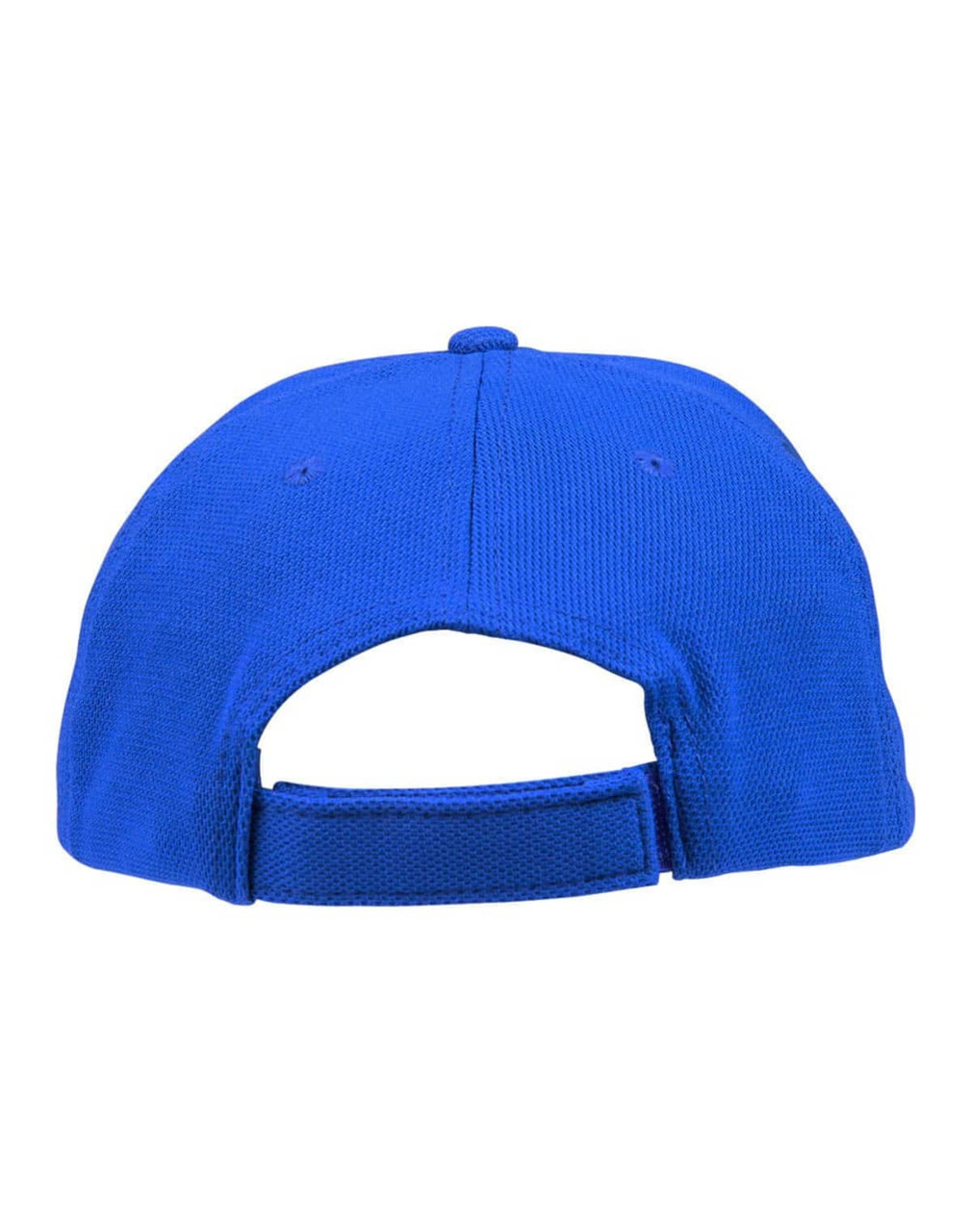 A blue cap with a contrasting mesh design and an adjustable strap at the back.