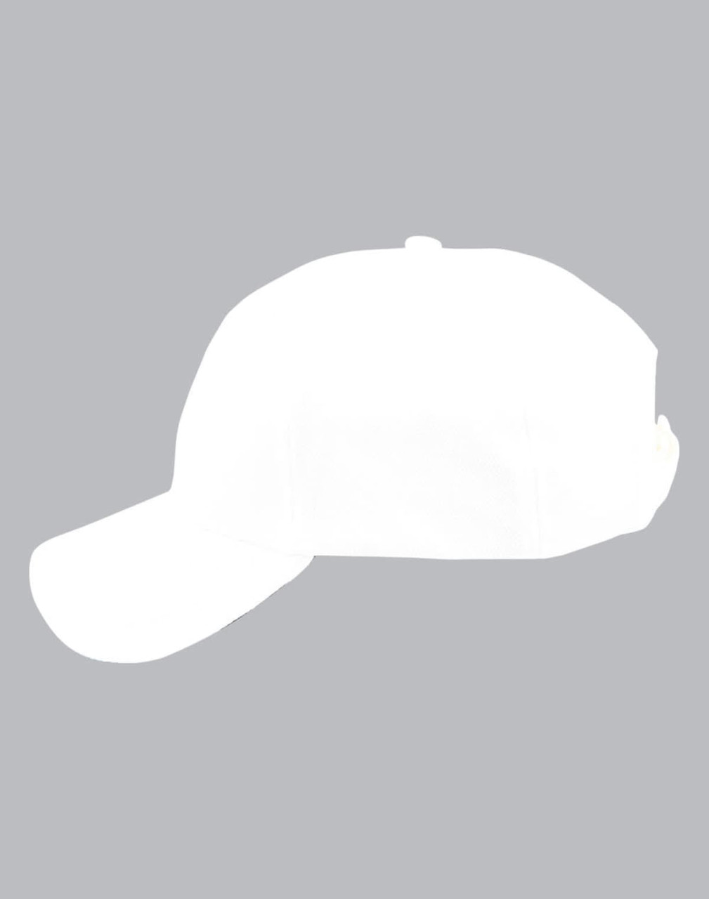 A white cap with a mesh back and a curved brim. It features a logo on the front.