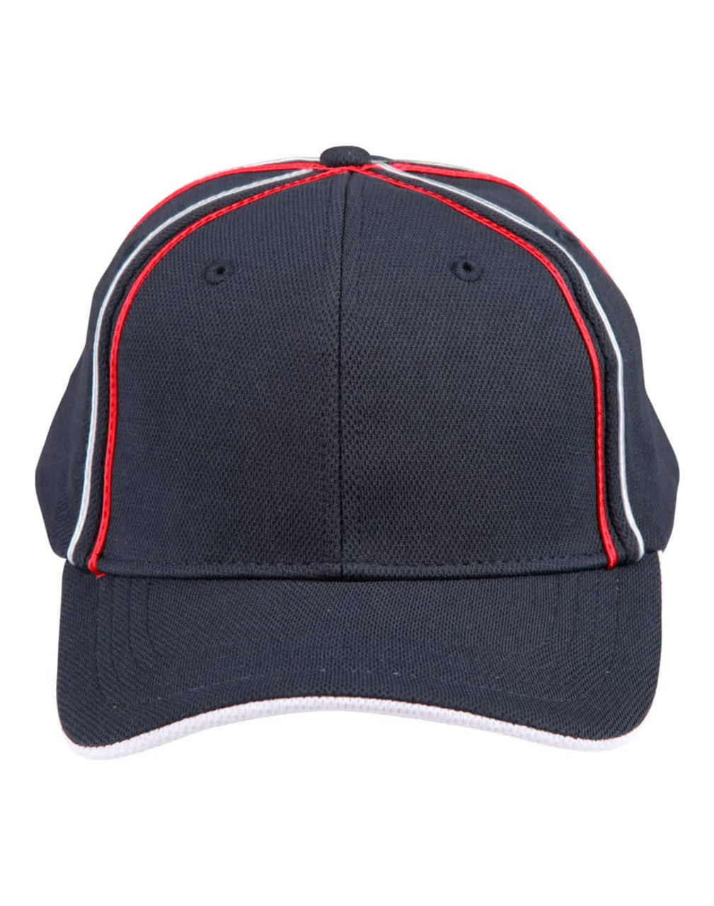 A structured cap in black, featuring red and white piping accents and a logo on the front.