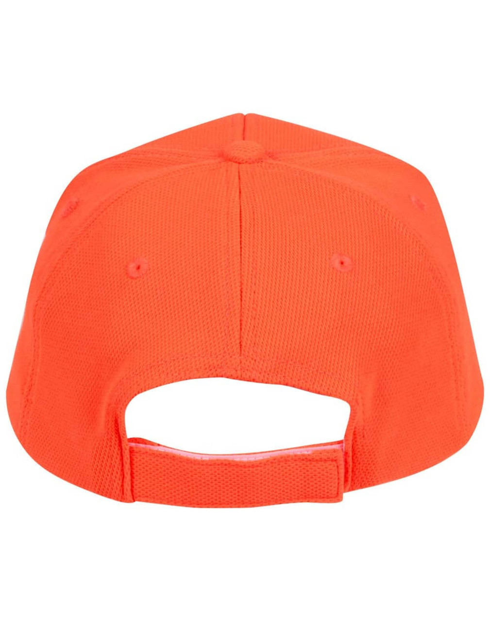 An orange pique mesh structured cap featuring a back adjustment strap and ventilation holes.