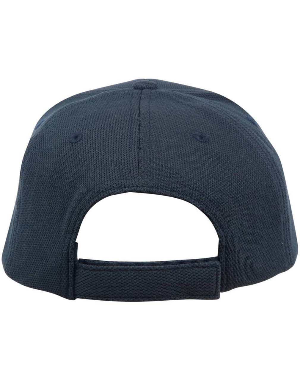 A structured navy cap with a mesh design and an adjustable strap at the back. Features a logo on the side.