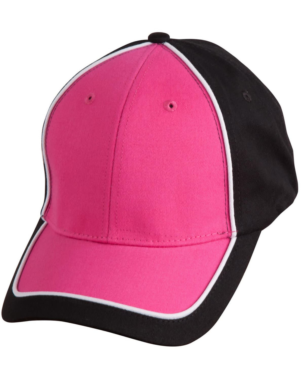A black and pink two-tone cap with white piping and a structured design. Features a logo on the front.