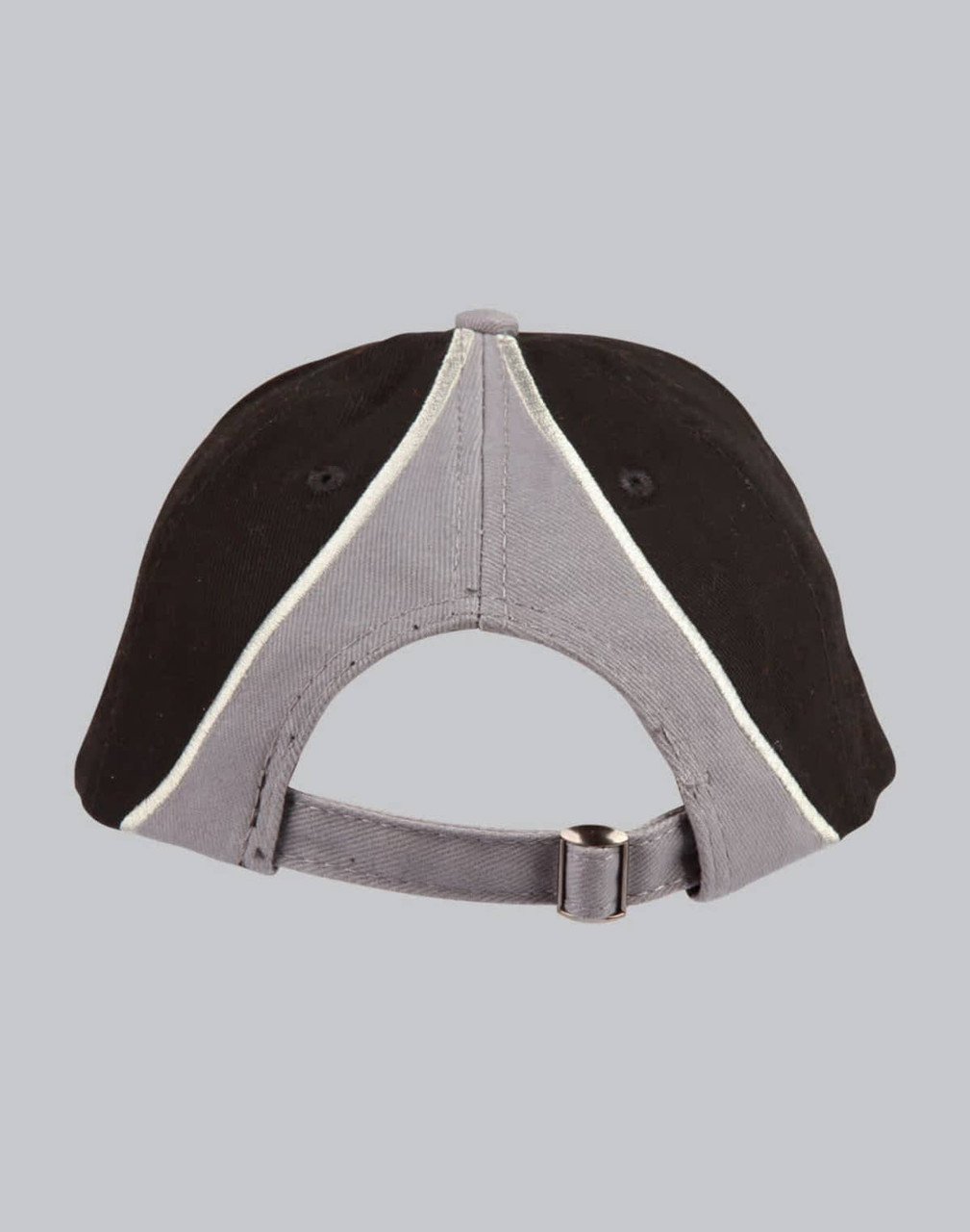 A cap featuring a tri-colour design with black, grey, and white accents. The back has an adjustable strap and a branding logo.