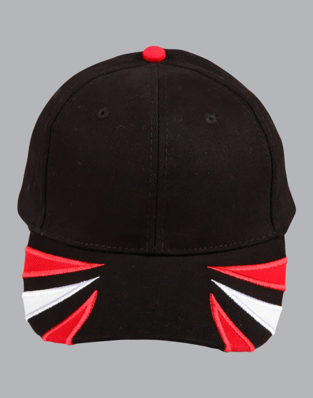 A black cap with tri-colour accents of red, white, and black, featuring a logo on the front.