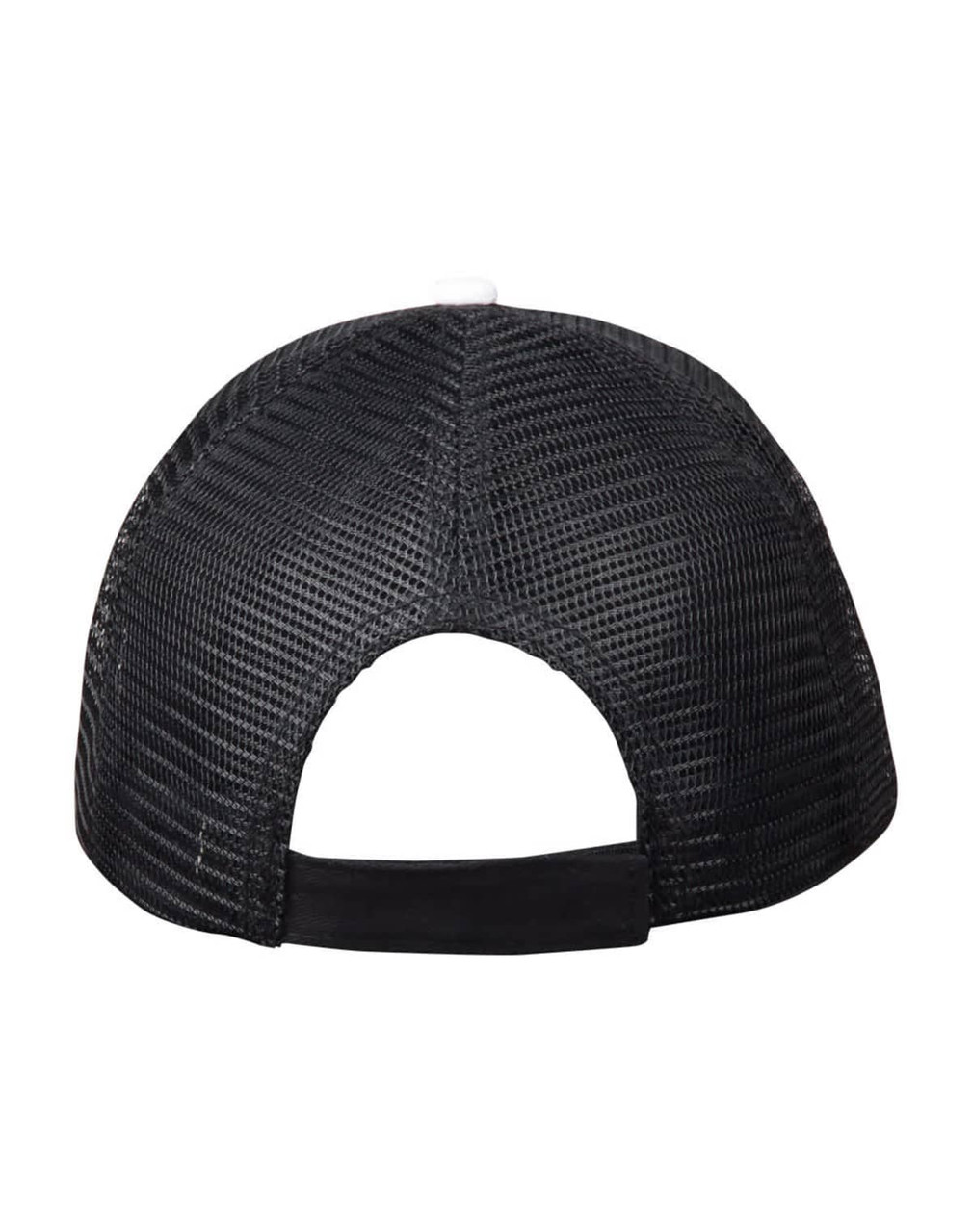 A black Premium Cotton Twill Trucker Cap featuring a mesh back and adjustable strap. It has a logo on it.