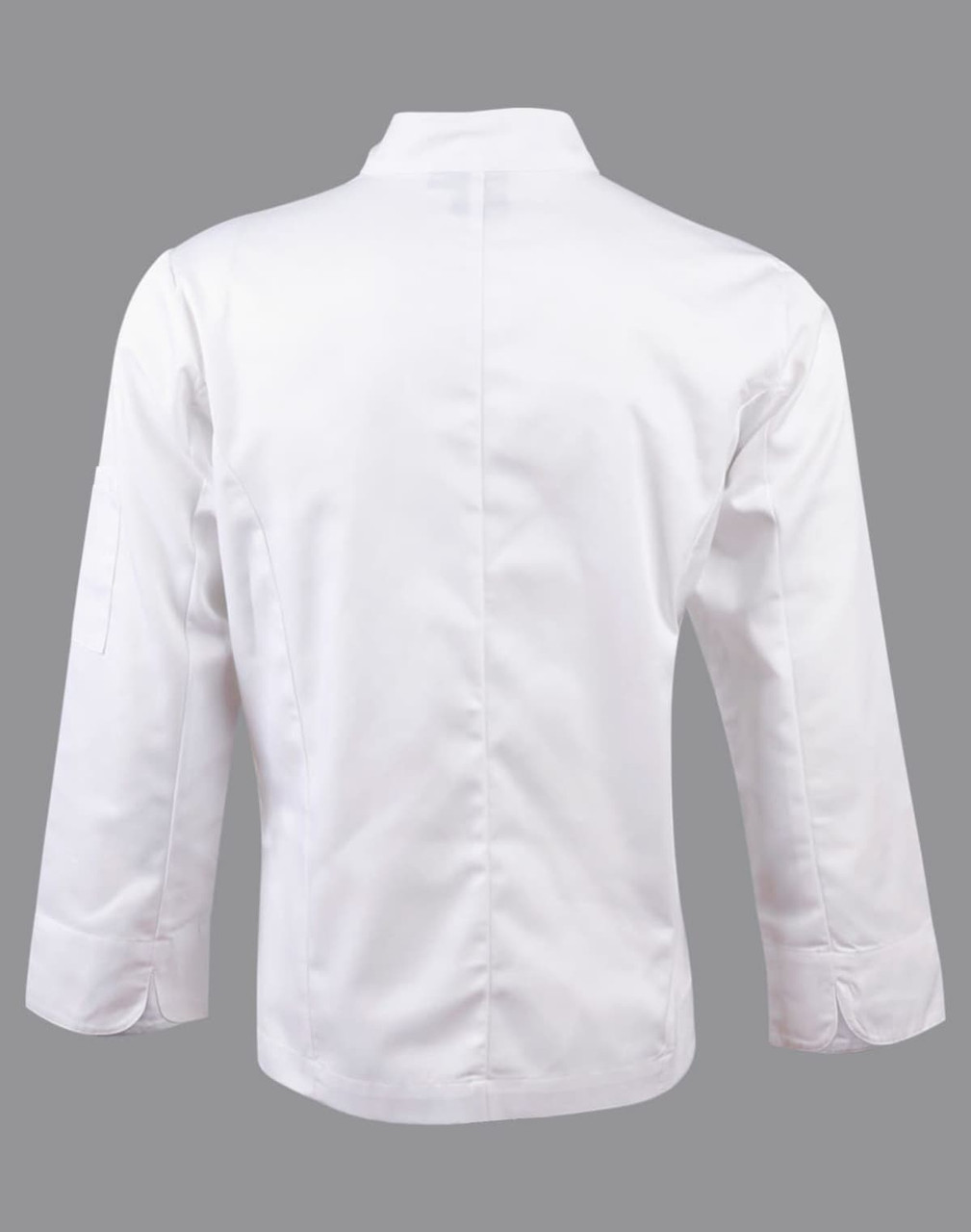A white long sleeve chef's jacket featuring a simple design and a branded logo on the back.