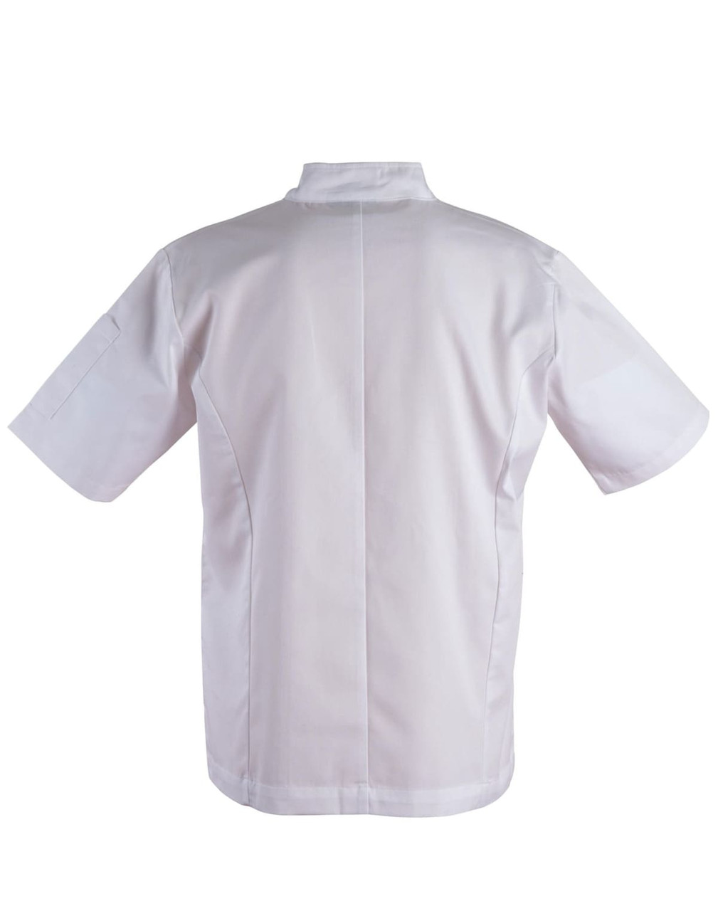 A short sleeve chef's jacket in white, featuring a simple design and a logo on the back.