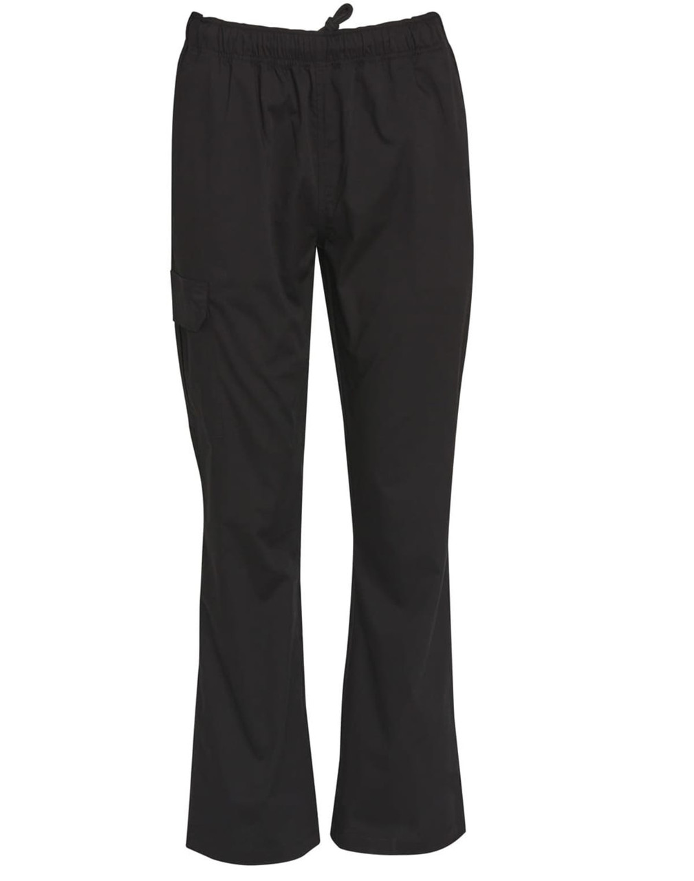 Black functional chef pants with an elastic waistband and a side pocket. Features a simple design and a logo.