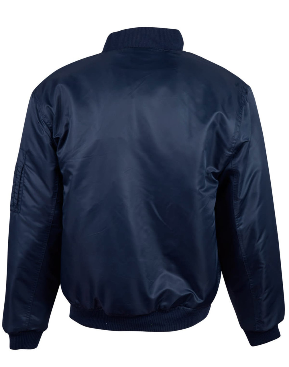 A navy blue soft shell jacket with a ribbed collar and cuffs, featuring a logo on one sleeve.