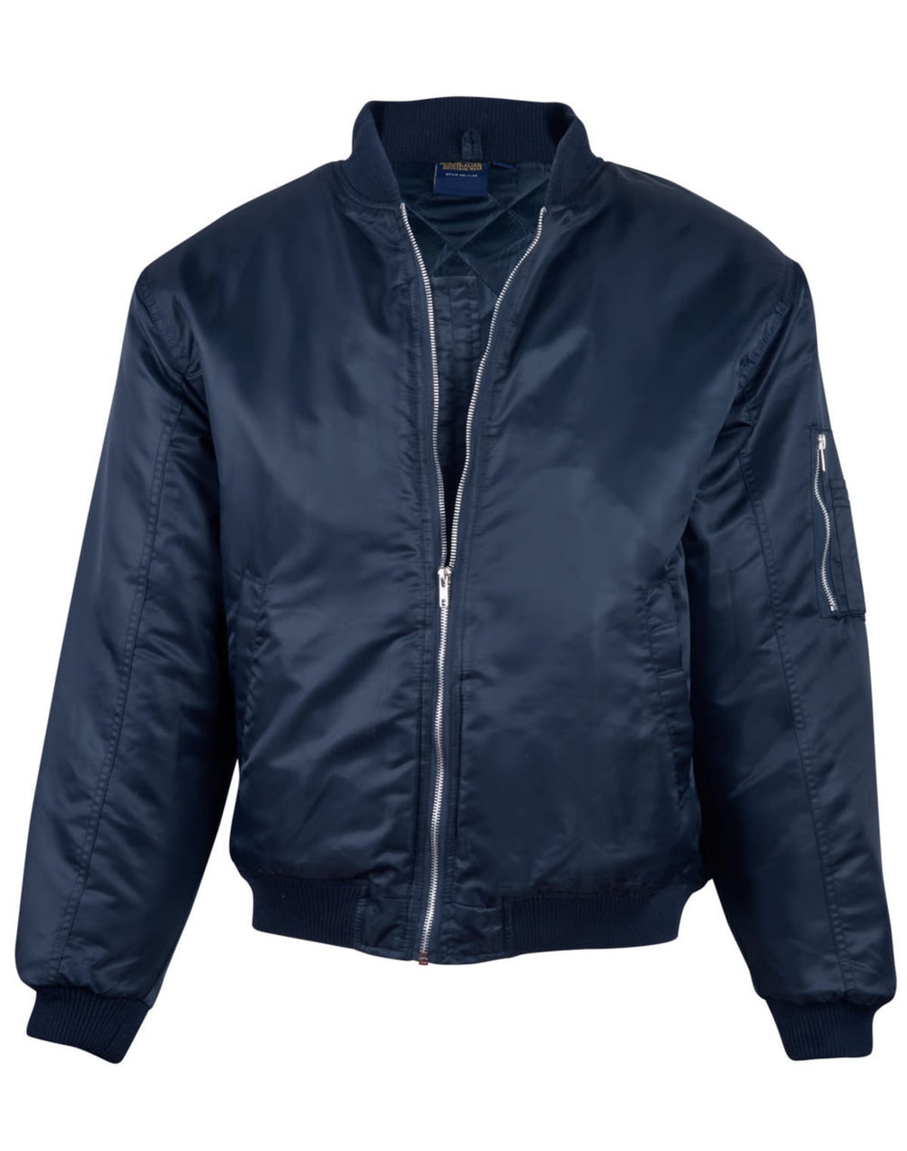 A navy blue soft shell jacket with a zip front and a side pocket, featuring a logo on the chest.