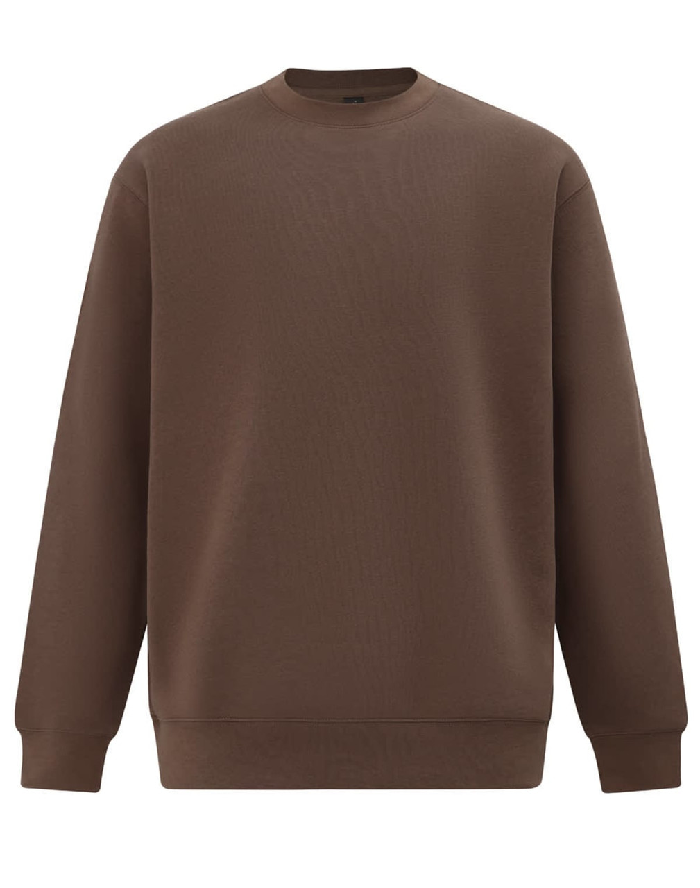 A brown crewneck sweatshirt with long sleeves and ribbed cuffs, featuring a logo on the front.