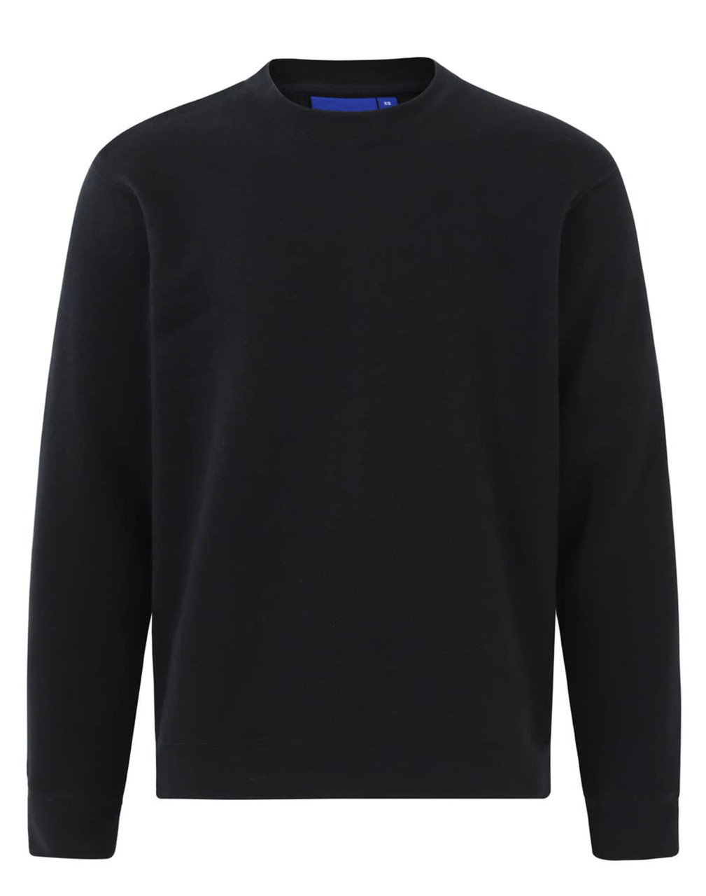 A black crewneck fleece sweatshirt featuring long sleeves and a ribbed hem. It includes a logo on the interior.