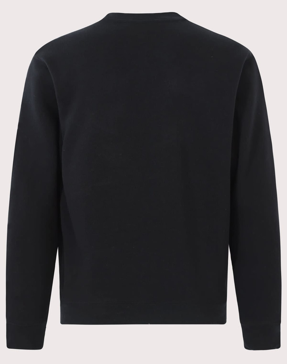 A black kids' crew neck fleecy sweater with long sleeves and a simple design. It features a logo on the garment.