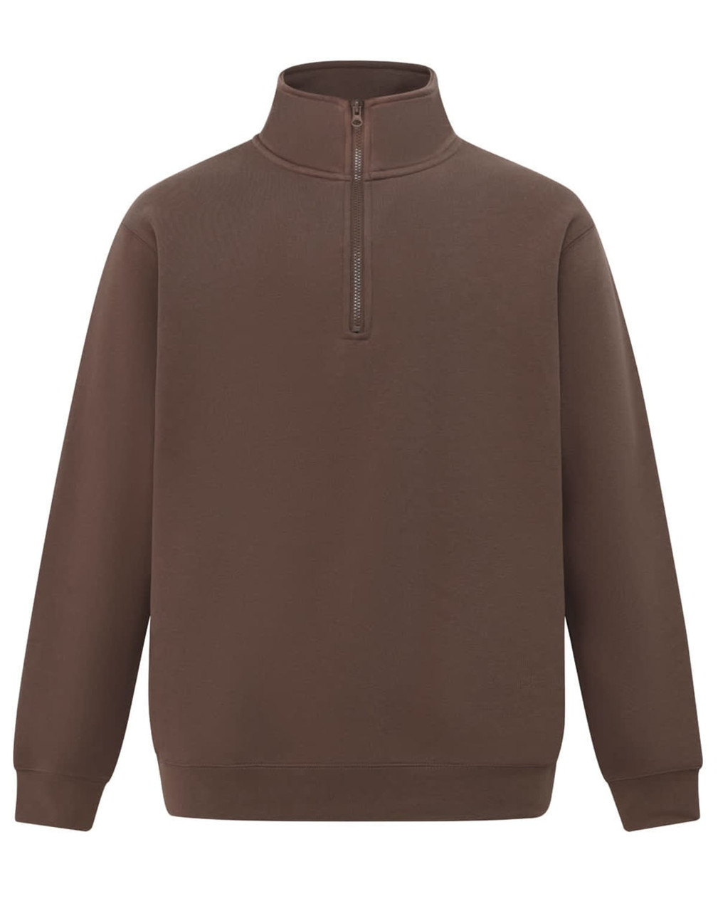 A brown 1/2 zip collar fleecy sweat featuring a regular fit and long sleeves. It has a logo on the front.