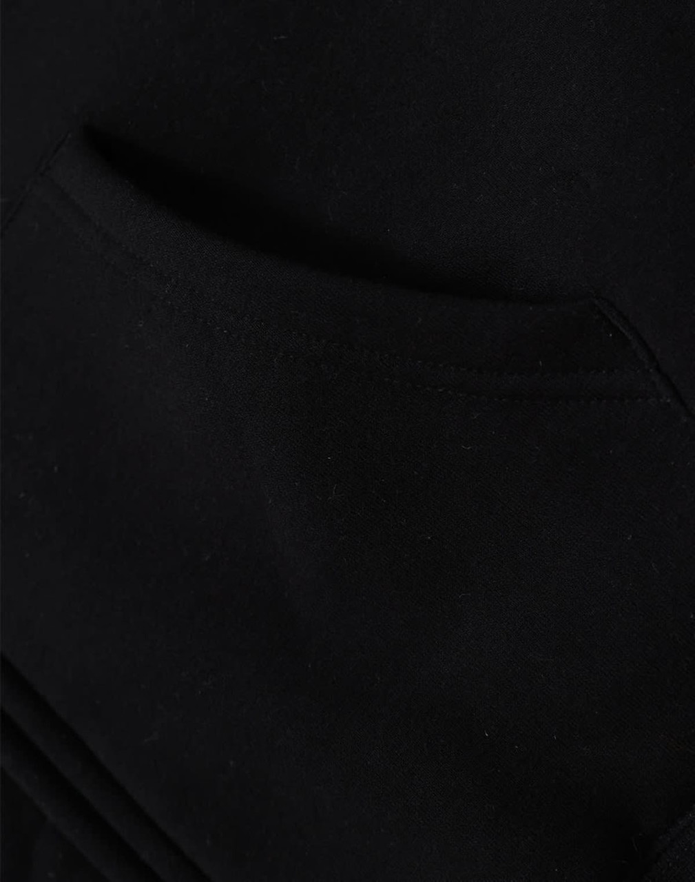 A close-up view of a black men's full-zip fleecy hoodie featuring a front pocket and a soft texture.