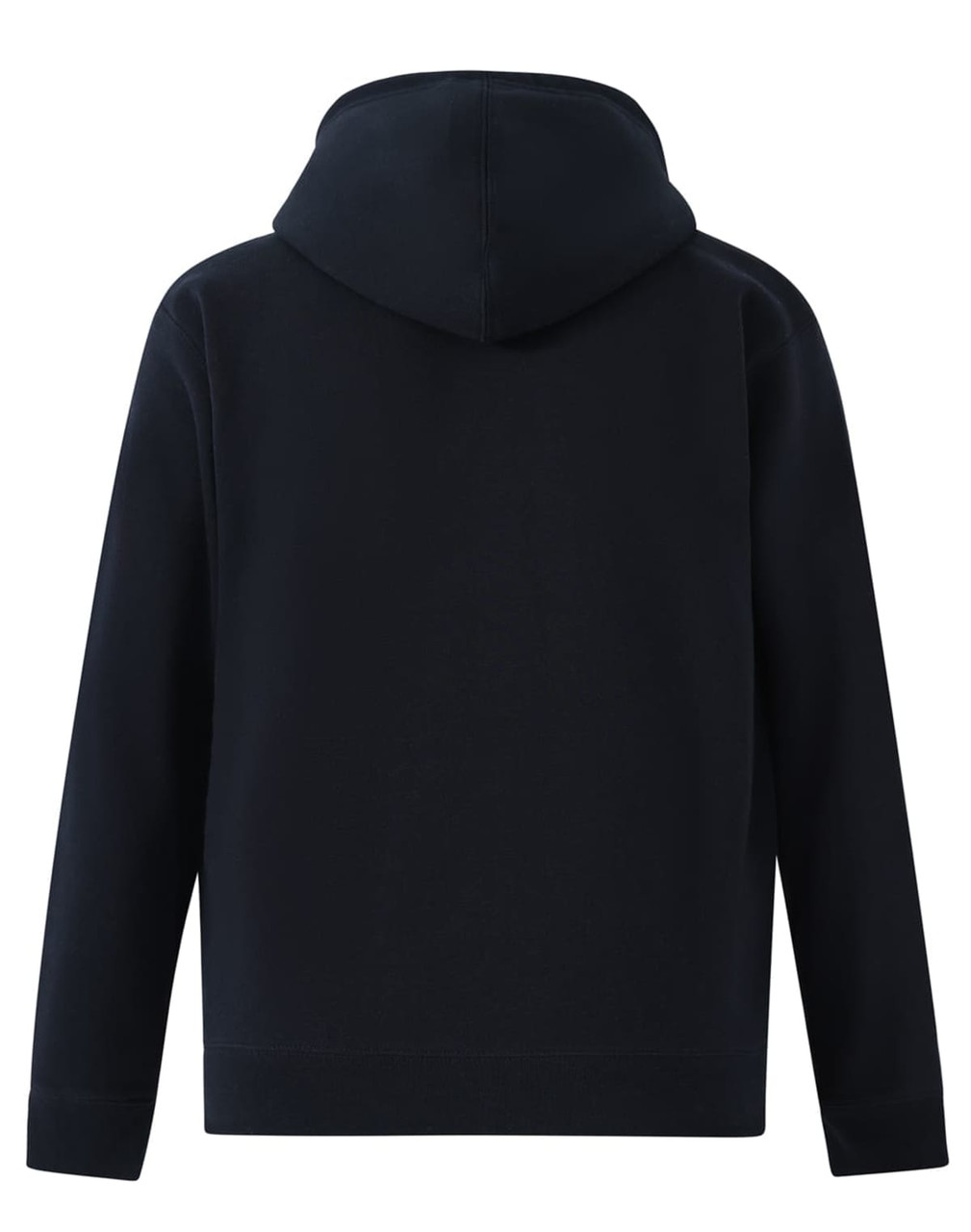 A men's full-zip fleecy hoodie in navy blue, featuring a hood and long sleeves, with a logo on the back.