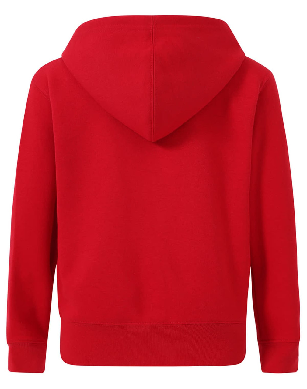 A red kid's full-zip fleecy hoodie with a hood, featuring long sleeves and a solid back design.