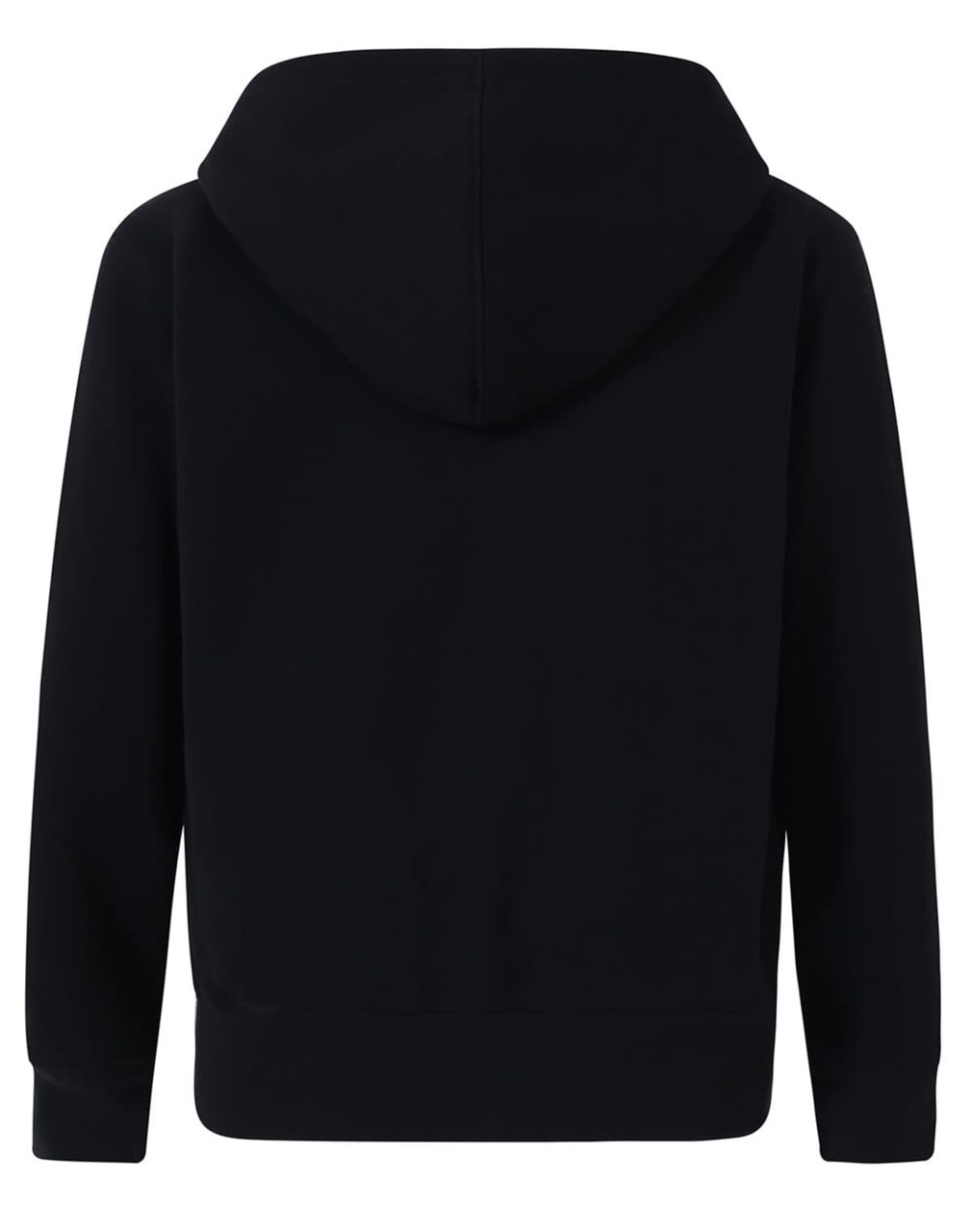A black kid's full-zip fleecy hoodie with a hood, featuring a plain back design and ribbed cuffs.