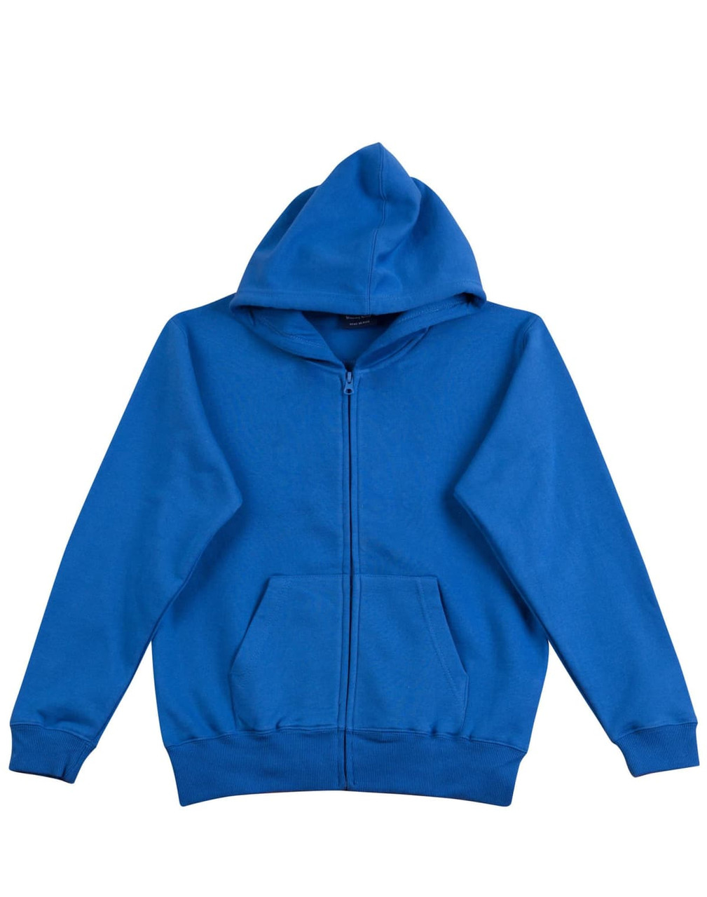 A blue full-zip fleecy hoodie featuring a hood and front pockets, with a logo displayed.