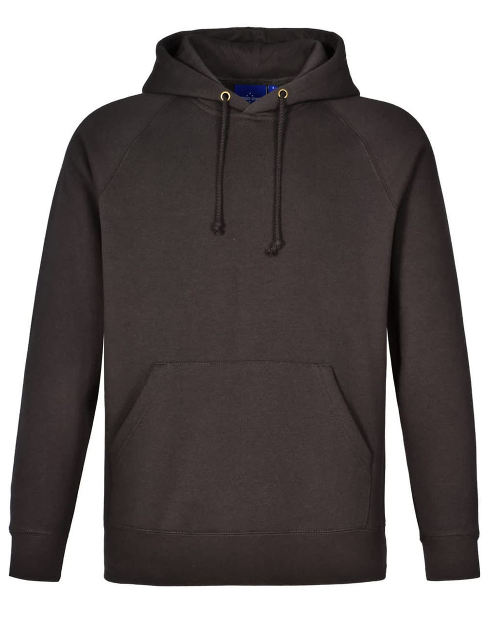 A men's fleecy hoodie in dark brown with a front pocket and drawstring hood. Features a logo.