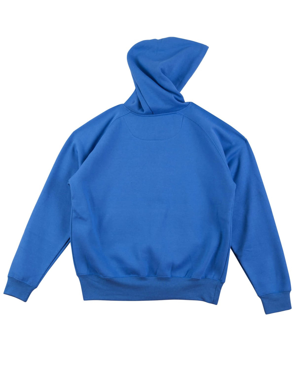 A blue kids' fleece hoodie with a kangaroo pocket and a hood, featuring a logo on the back.