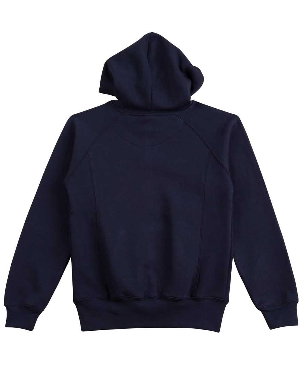 A navy ladies' fleecy hoodie featuring a drawstring hood and ribbed cuffs. Includes a logo on the back.