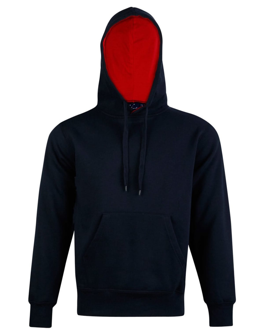 A black hoodie featuring a contrast red lining, complete with a front pocket and a drawstring hood.