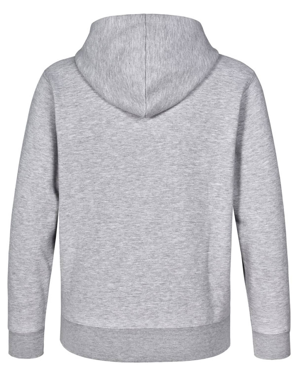 A grey hoodie featuring a close front and a hood, showcasing a simple back view. Includes a logo.