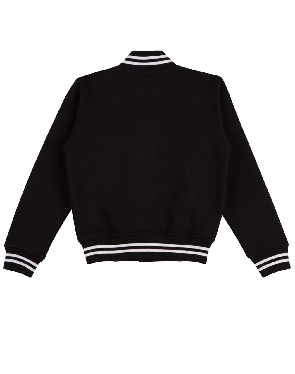 A black fleece varsity jacket featuring white striped ribbing on the collar and cuffs, with a logo on the back.