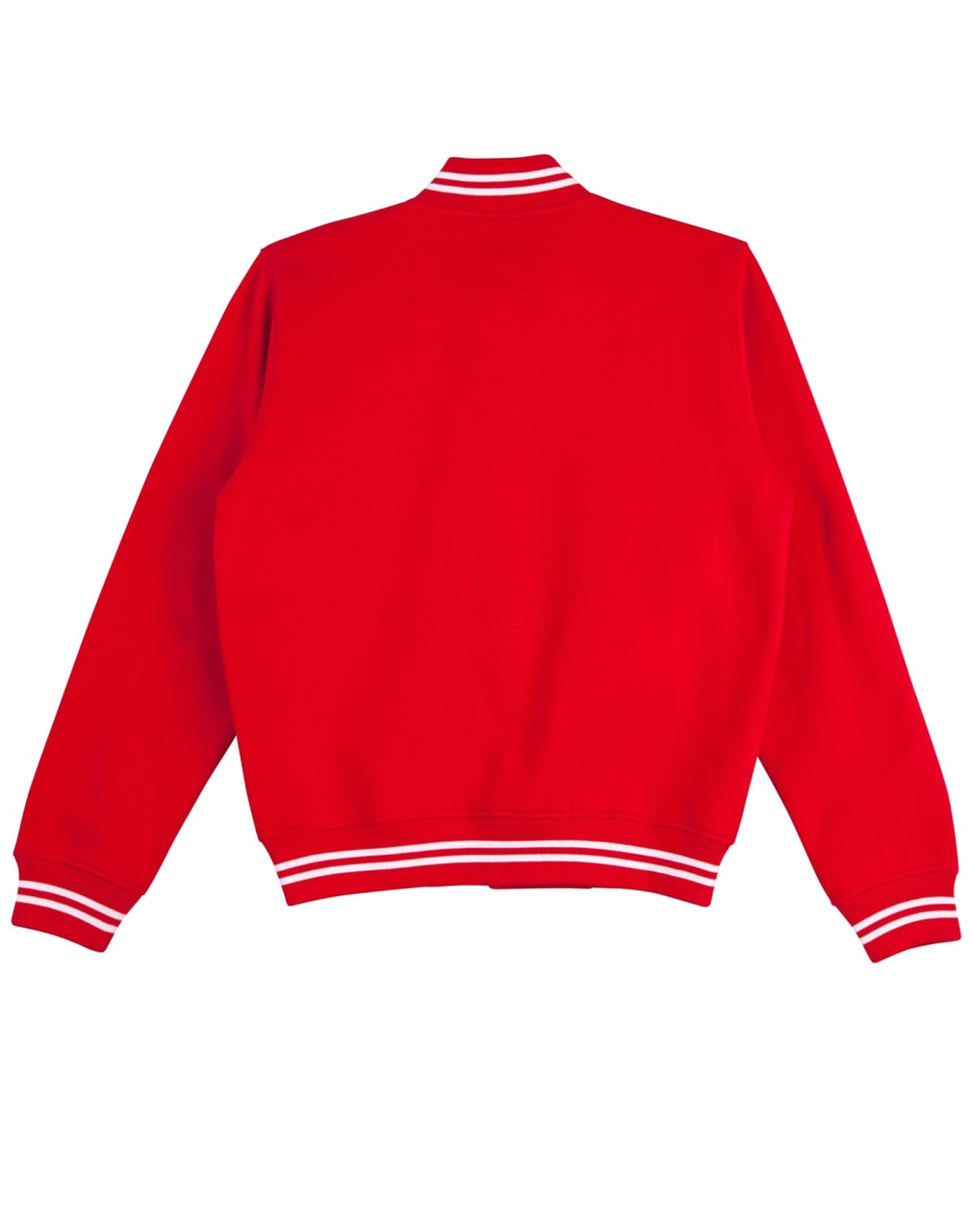 A red varsity jacket with white stripes on the collar and cuffs, featuring a logo on the front.
