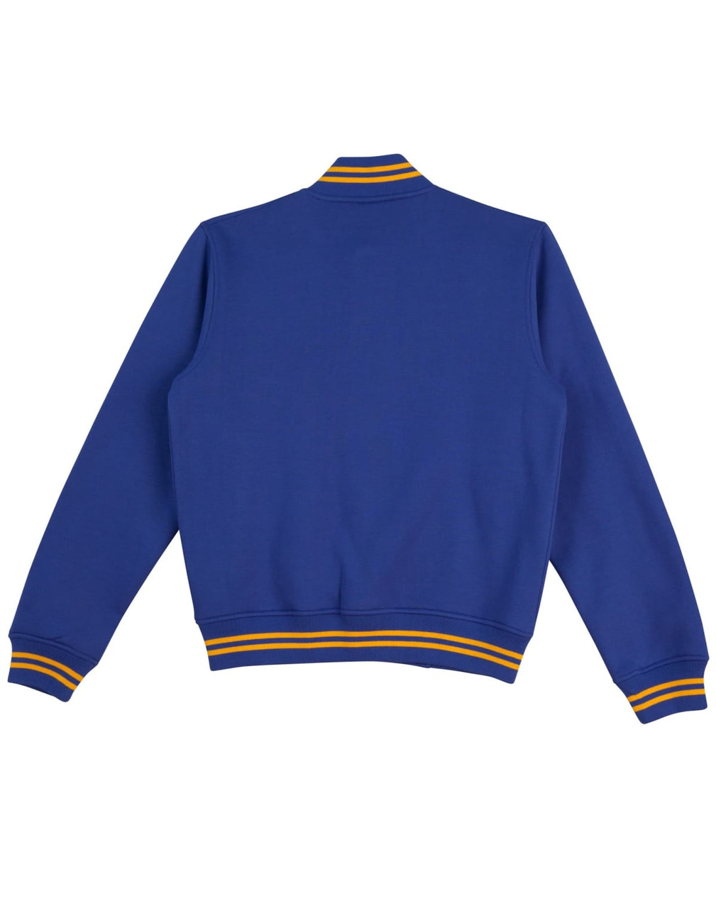 A blue kid's fleece varsity jacket with yellow and white striped detailing on the collar and cuffs.
