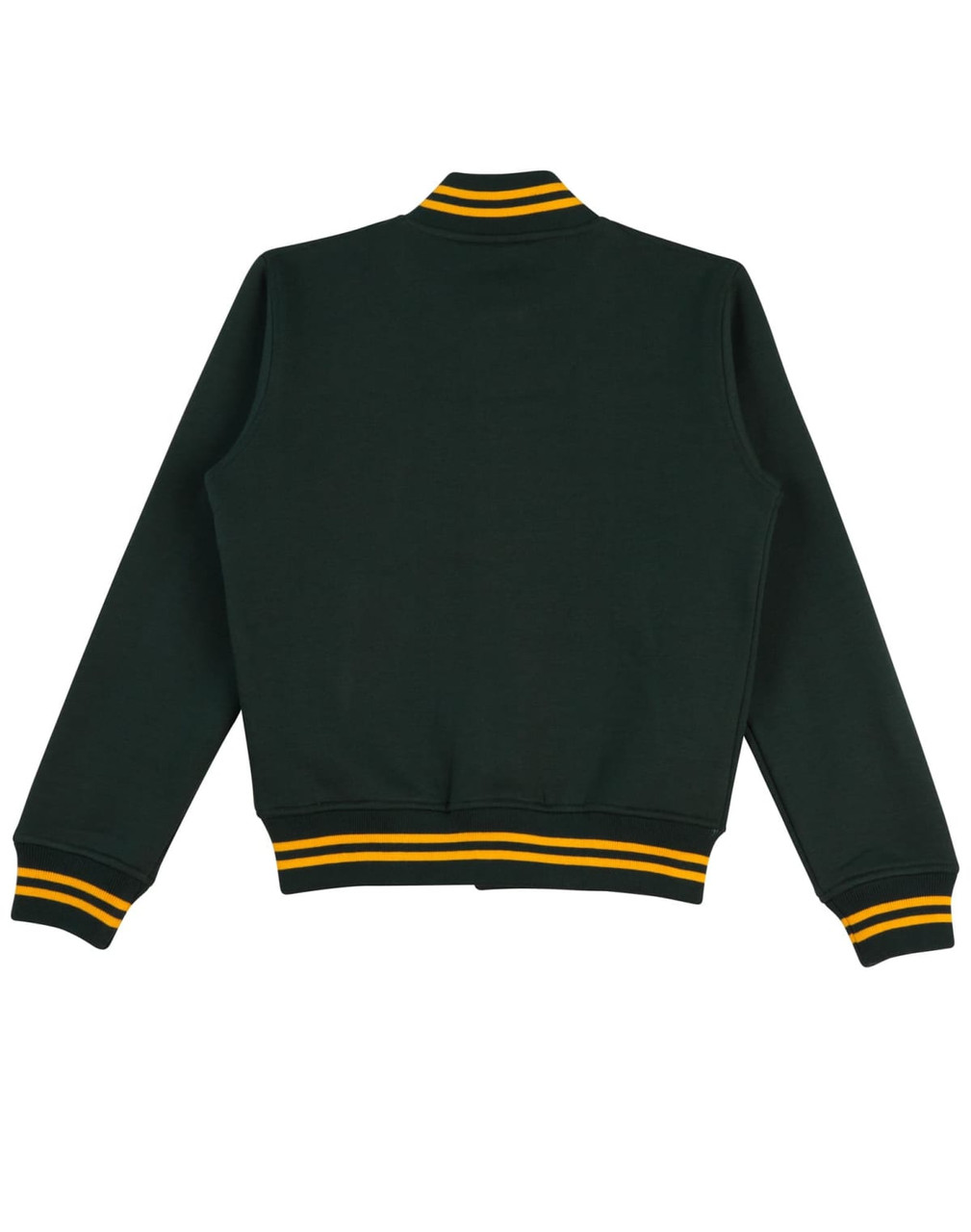 A green varsity jacket featuring yellow striped cuffs and collar, with a logo on the front.