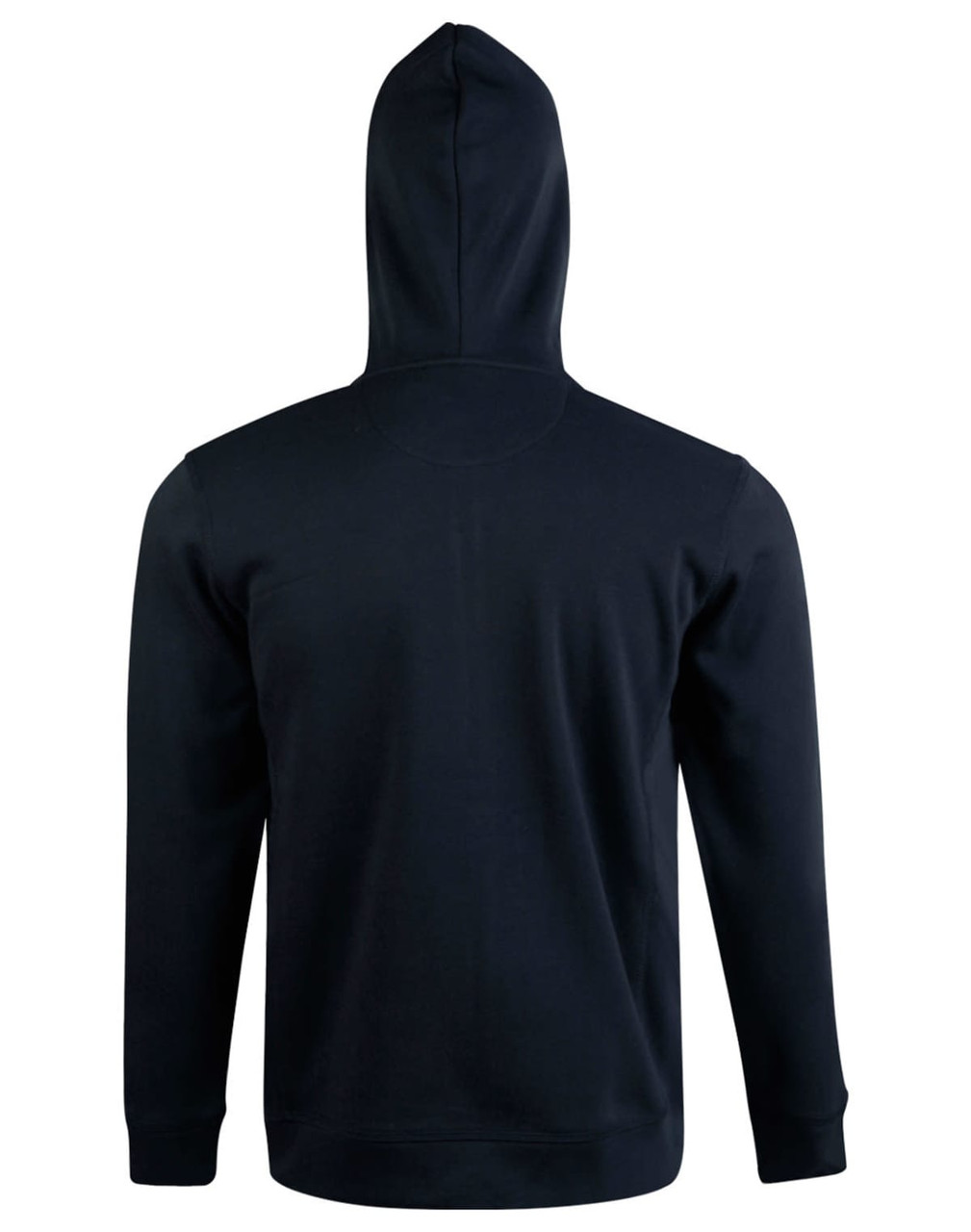 A men's full zip contrast fleece hoodie in black, featuring a hood and a simple design. It has a logo on the back.