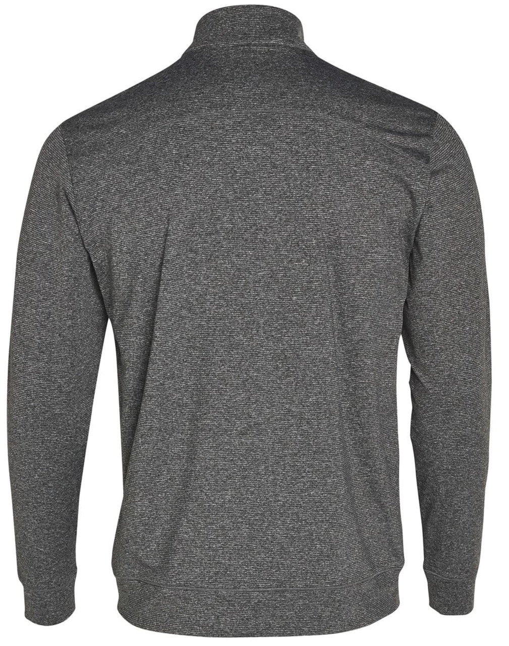 A grey men's half zip long sleeve sweat top, featuring a sleek design and a logo on the back.