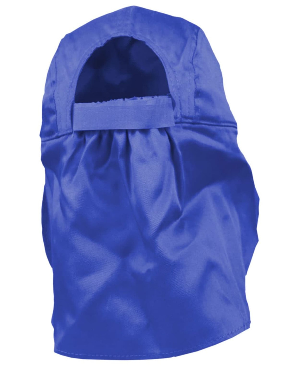 A blue poly cotton legionnaire hat with a rear flap and a logo on the side.