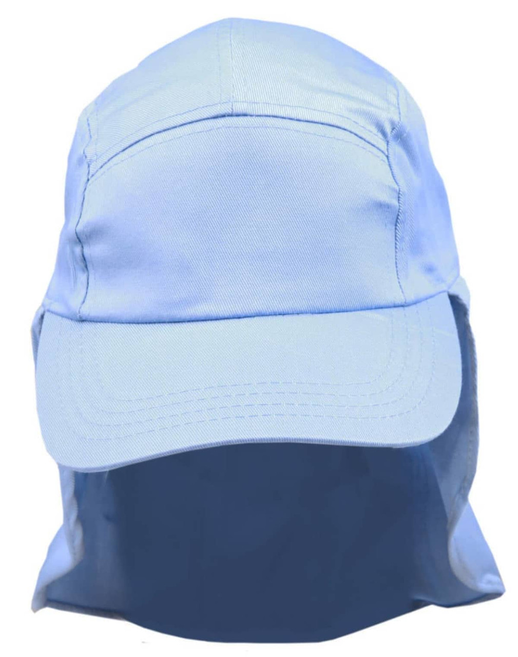 A light blue poly cotton legionnaire hat with a front brim and a protective flap at the back. Includes a logo.