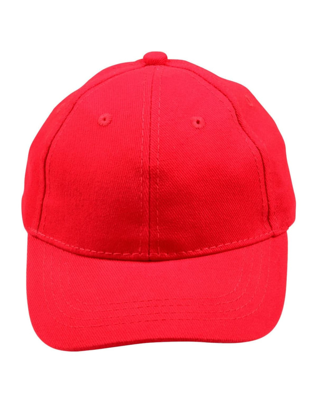 A red brushed cotton cap with a classic design, featuring an adjustable strap at the back and a logo.