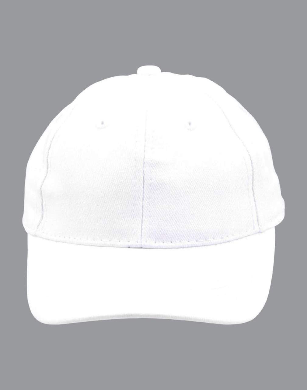 A white brushed cotton cap featuring a curved brim and an adjustable strap at the back. It has a logo on the front.
