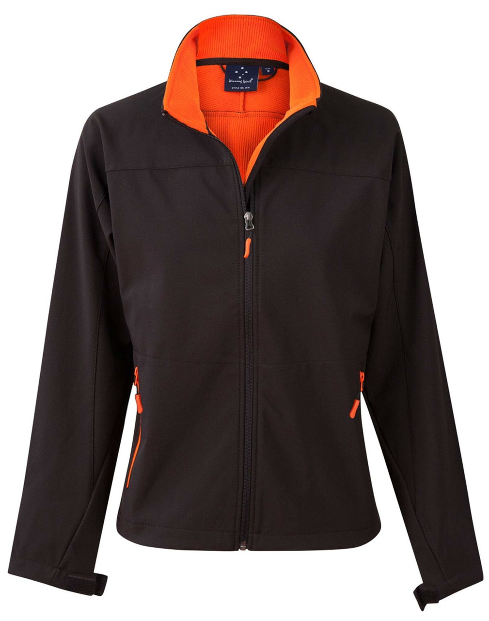 A black softshell jacket with orange contrast features, including a high collar and zippered pockets. It has a logo.